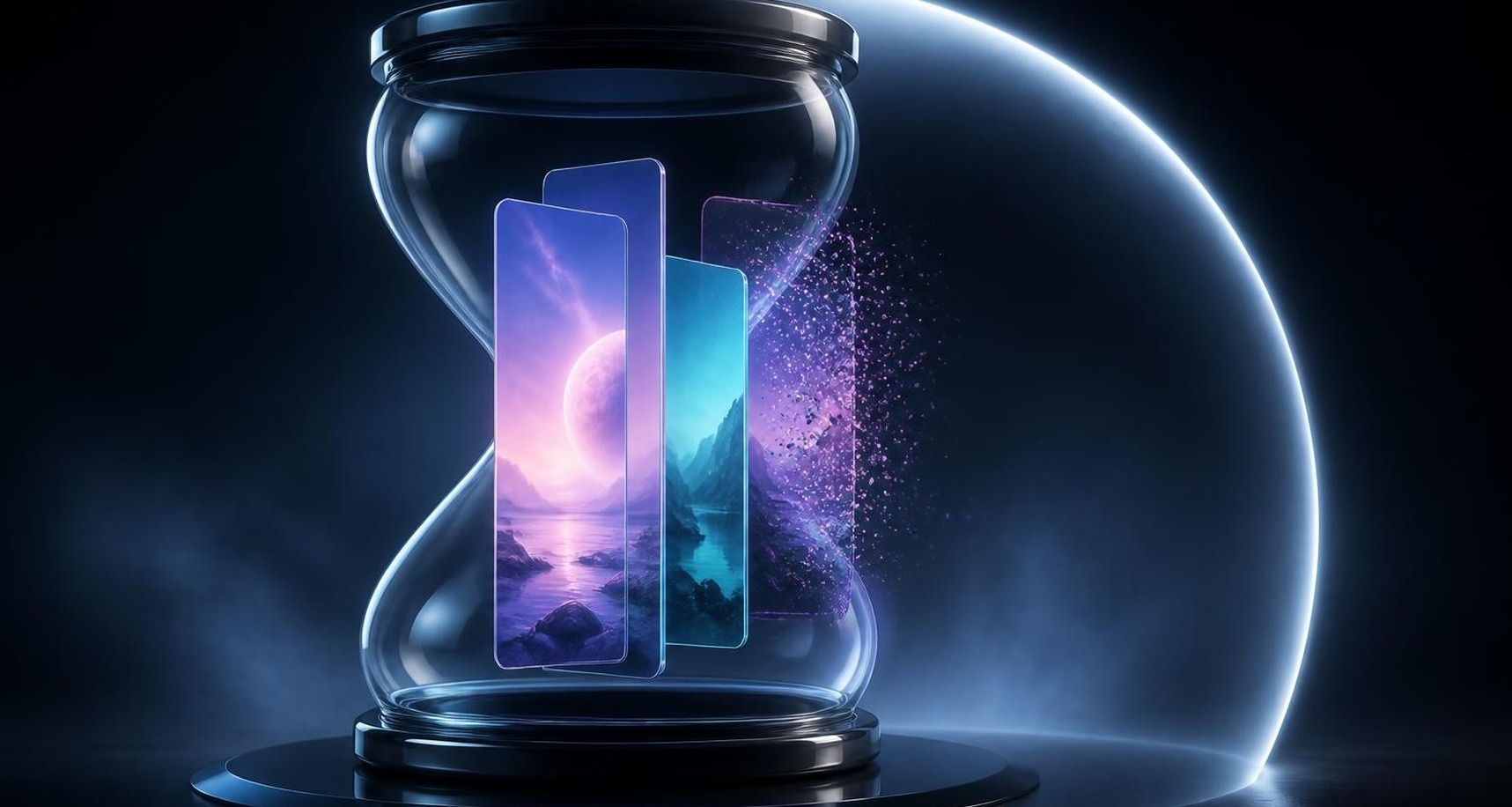 Glass hourglass surrounding active public story panels